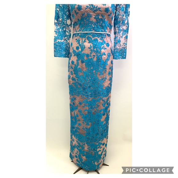 JS COLLECTIONS EMBROIDERED MESH LONG SLEEVE TURQUOISE LACE BRAND NEW W TAG DRESS - Picture 4 of 6